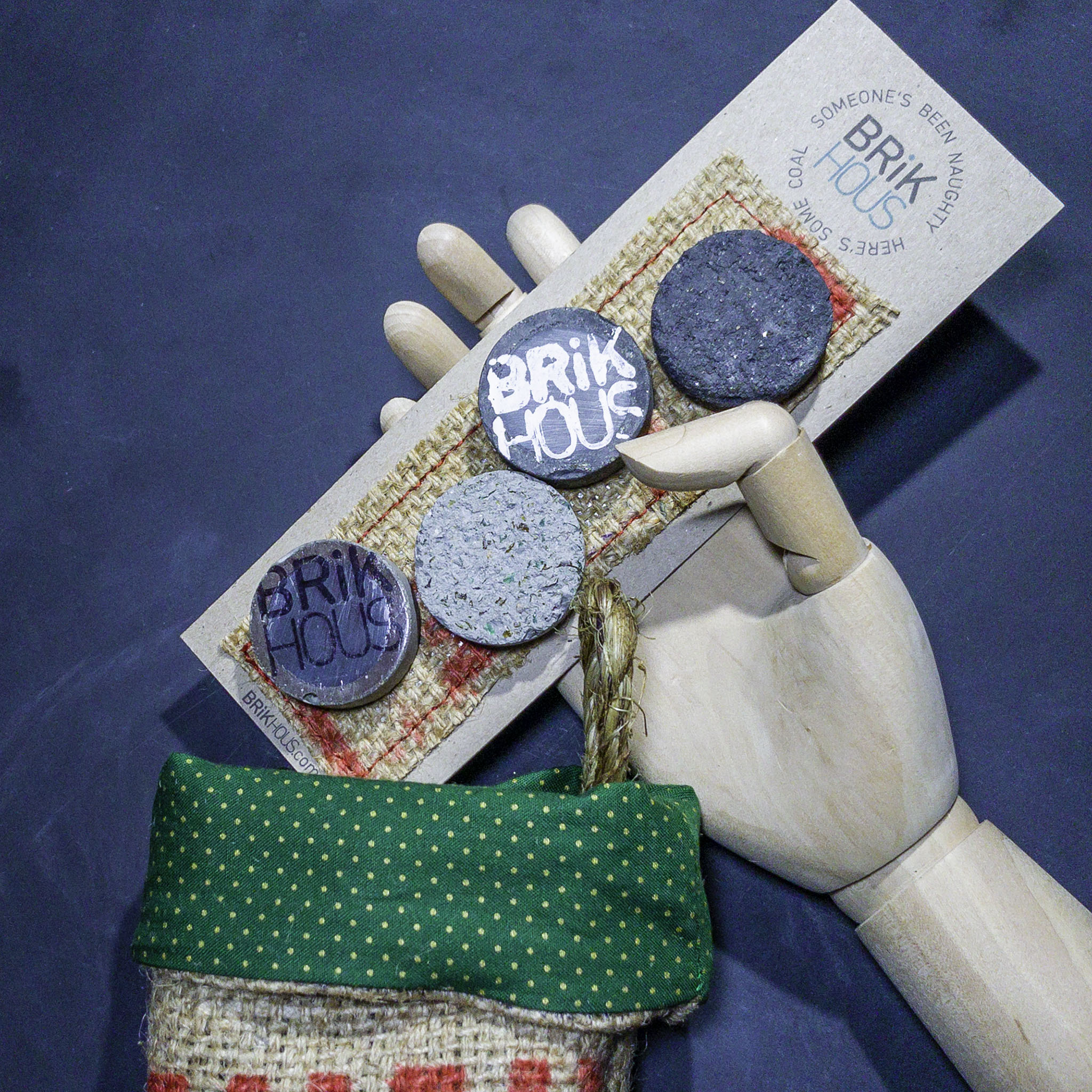 FREE SHIP - Burlap Mini-Stocking & Naughty Coal Magnets - Hand-Cast Punkcrete™ - 1 stocking + 4pcs magnets