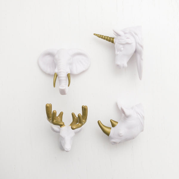 4 white faux taxidermy animal head decorative refrigerator magnets with gold antlers and horns