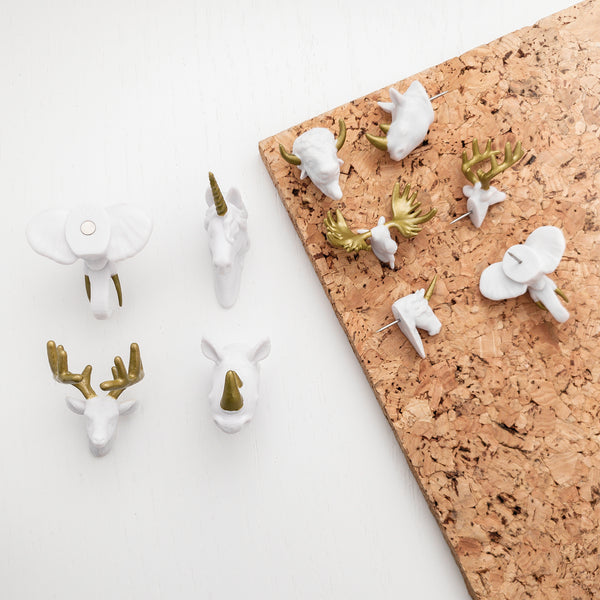 white faux taxidermy animal head trophy magnets and push pins with gold antlers and horns