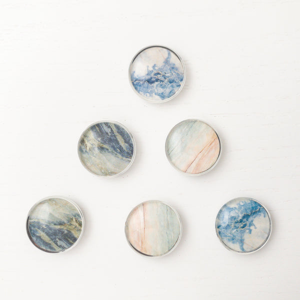 6 glass decorative magnets with 2 each of unique marbled granite art in triangle shape