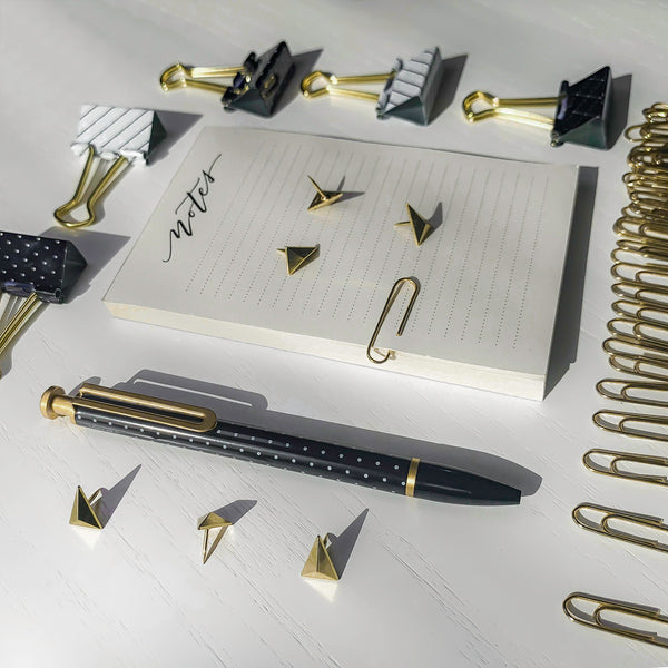ubrands ballpoint pen set polka dot stripes office stationery kit gold paperclips arrow push pins large binder clips handwritten notes notepad