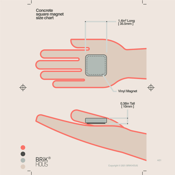 Mid Century Modern human scale size chart infographic poster inspired by Massimo Vignelli of a hand in profile and plan view holding a square concrete magnet