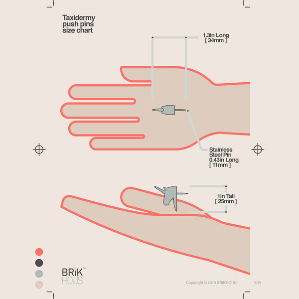 Mid Century Modern size chart infographic inspired by massimo vignelli poster of human hand holding unicorn head push pin for scale
